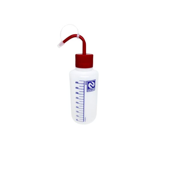 Pisseta Graduada em PE 500mL Tampa Vermelha Bico Curvo - Imagem 2